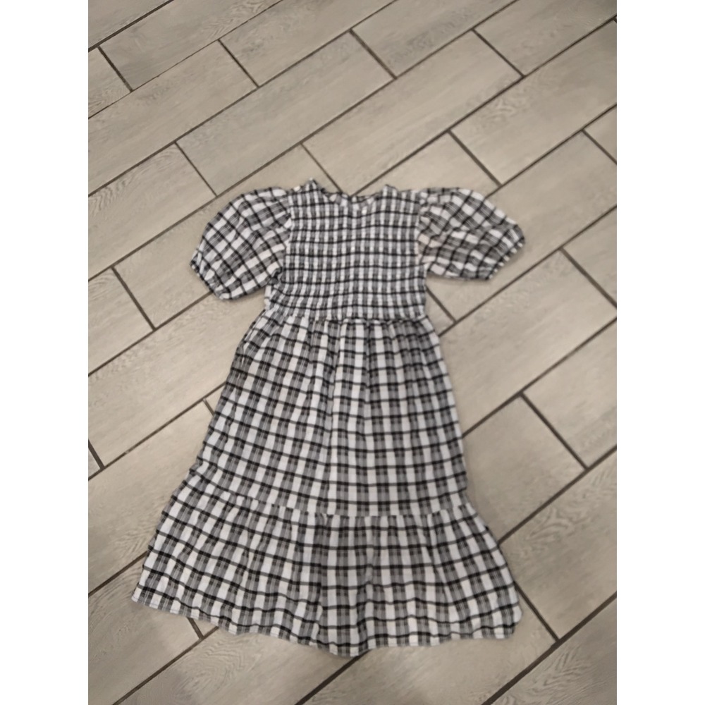 ZARA Kids Gingham Smocked Puff Sleeve Midi Dress Size 13-14 Black White
